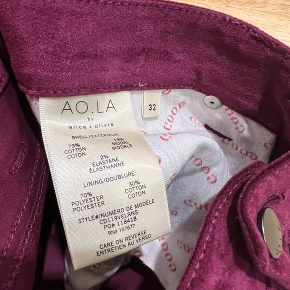 Alice‎ & Olivia STRETCH VELVET Good High Rise Exposed Skinny Jeans Maroon PURPLE - Picture 8 of 8